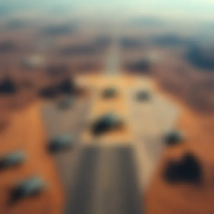 Aerial view of China Lake Naval Air Base surrounded by desert landscape with military aircraft on the runway