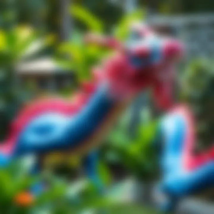 A blue and pink Chinese dragon emerges from a backyard, looking both majestic and intimidating, surrounded by lush greenery.