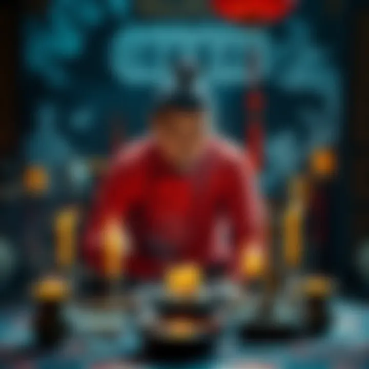 A practitioner performing a ritual in traditional Chinese clothing, surrounded by symbolic objects like candles, herbs, and talismans