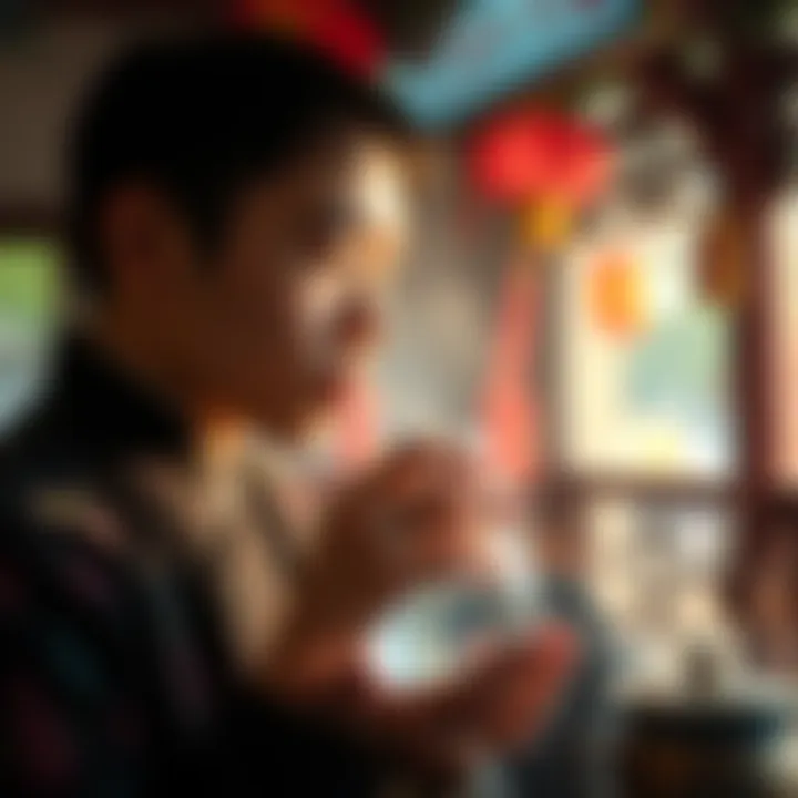 A person in a traditional Chinese setting sipping a cup of warm water, reflecting cultural practices