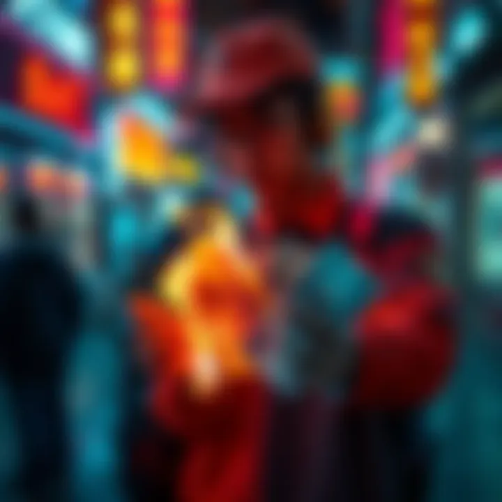 A person is shown burning cryptocurrency bills in a dramatic gesture to protest against mind control weapons, with a backdrop of neon lights symbolizing technology and finance.