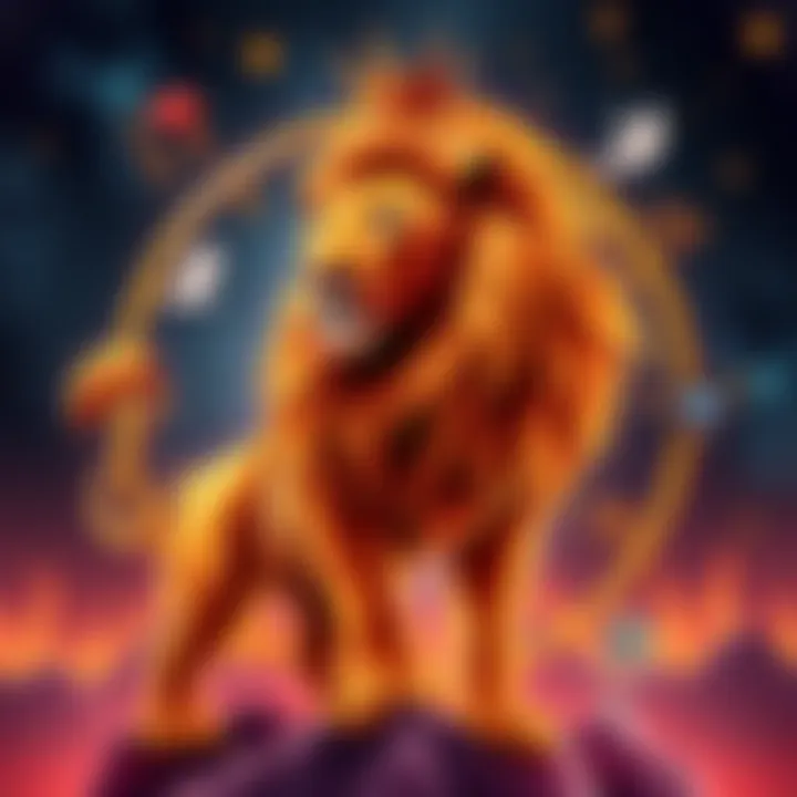 A representation of Chiron in Leo with symbols of career success and frustration, showcasing a lion and various professional icons