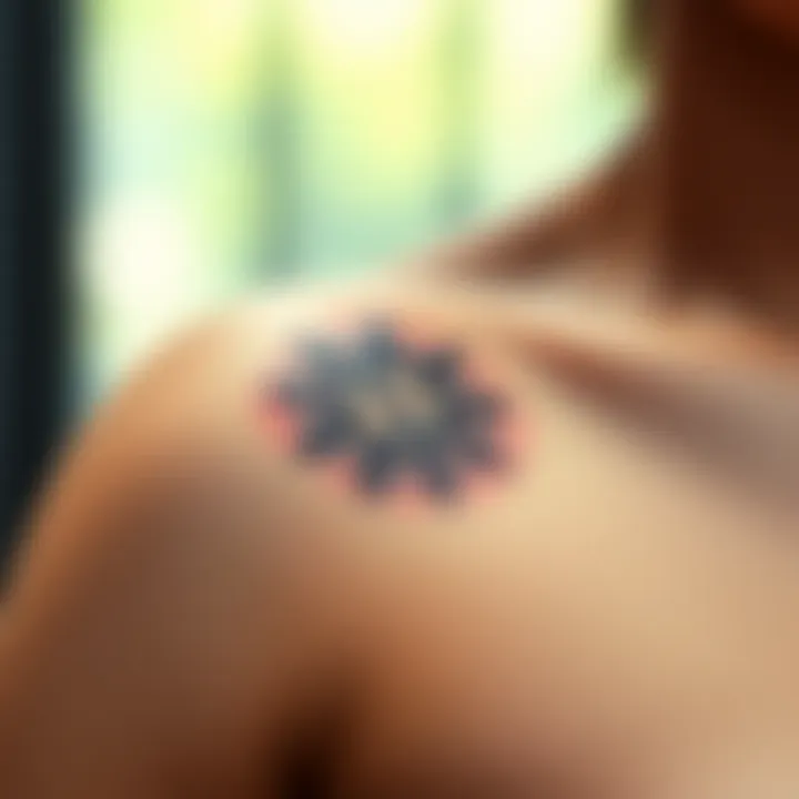 Close-up of a Cho Ku Rei tattoo symbol on a person's arm with a calming background