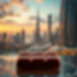 Chocolate bar with Dubai skyline A chocolate bar placed in front of a scenic view of the Dubai skyline, highlighting the contrast between wealth and sweetness.
