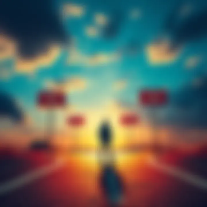 A person standing at a crossroads, looking at multiple signs pointing in different directions, symbolizing endless choices and the impact on happiness