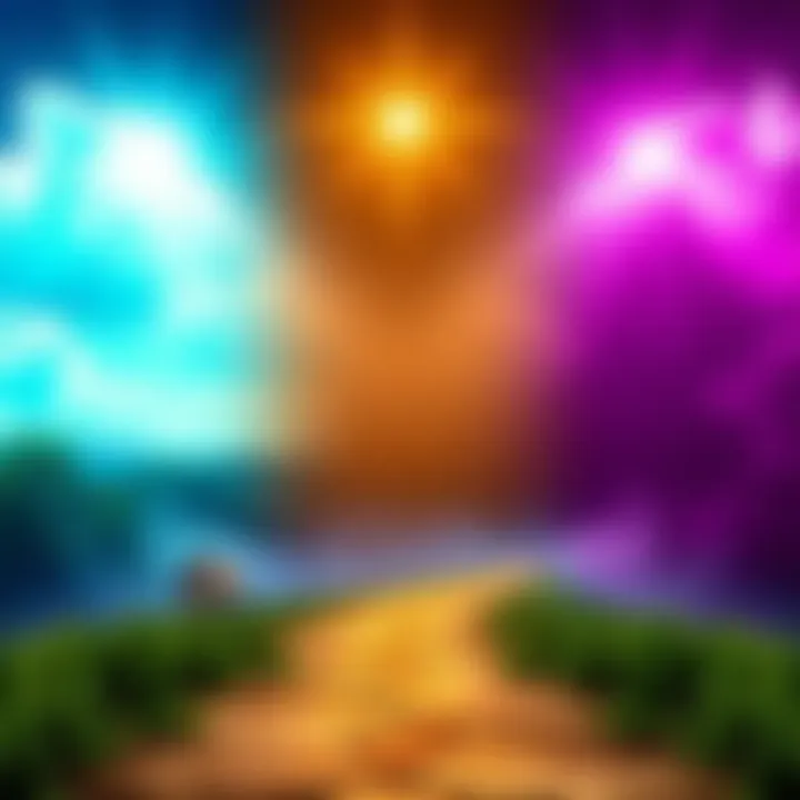 A peaceful scene showing three paths: one leading to a bright heaven, another to a serene nature representing reincarnation, and a third path fading into darkness symbolizing the void.