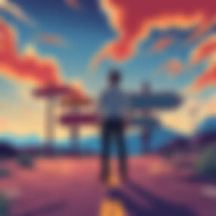 An illustration showing a person standing at a crossroads with signs pointing in different directions, symbolizing life choices on Earth.