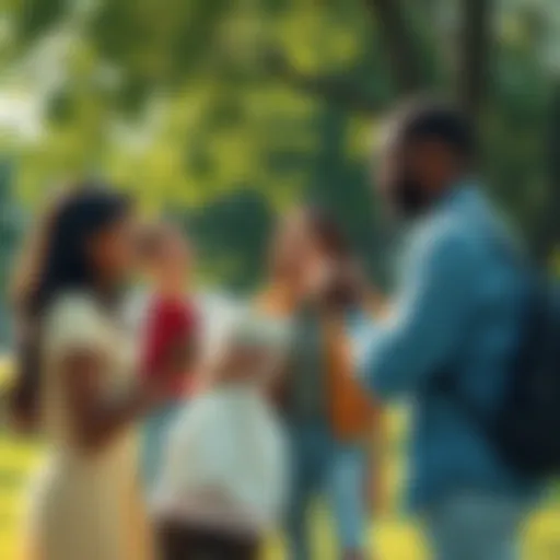 A diverse group of people showing kindness and compassion to each other in a park setting
