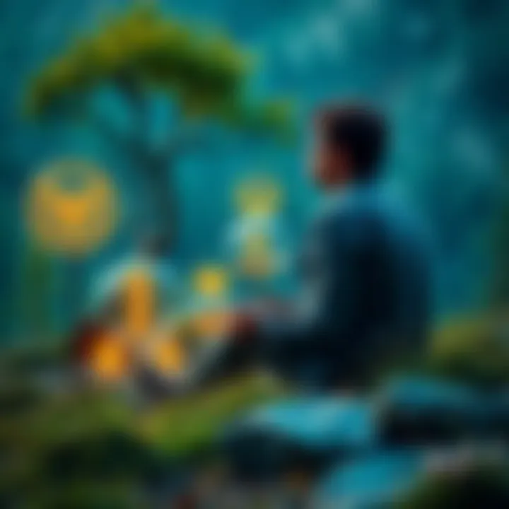 A person sitting in nature, contemplating different symbols representing Norse deities, surrounded by natural elements like trees and stones.