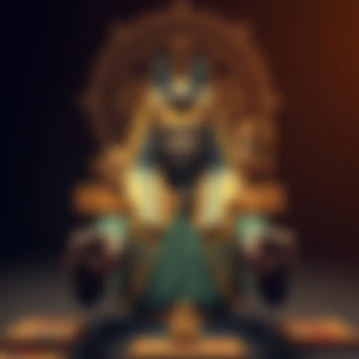 A person holding symbols representing Anubis, Bast, and Set, contemplating their choice of deity to worship, with tarot cards in the background.