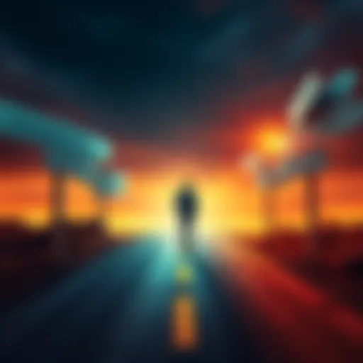 A person standing at a crossroads, looking at different signs pointing to various career options, symbolizing decision-making in career choices.