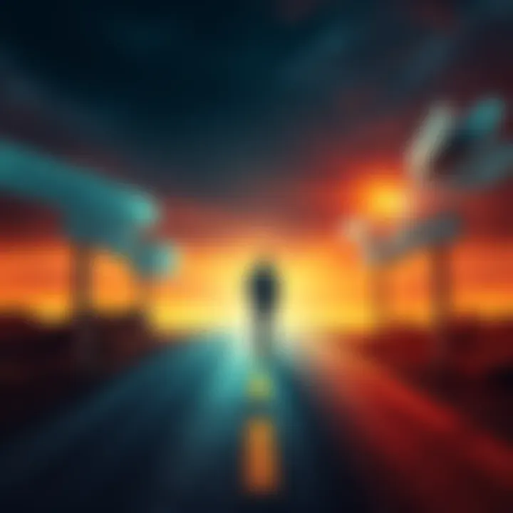 A person standing at a crossroads, looking at different signs pointing to various career options, symbolizing decision-making in career choices.