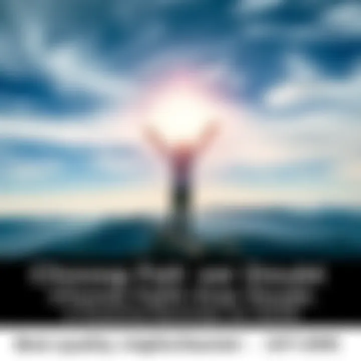 A person standing on a mountain peak with arms raised towards a bright sky, symbolizing empowerment through faith.