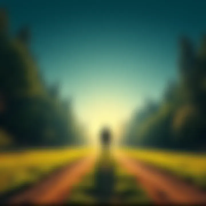 A person standing at a crossroads, one path leading to a cozy home and the other to a vibrant, green forest representing growth.