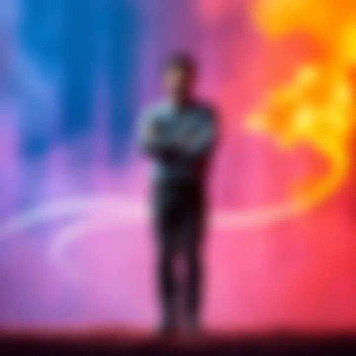 Person Standing Confidently A person standing confidently with arms crossed, symbolizing leadership and strength, against a vibrant backdrop.