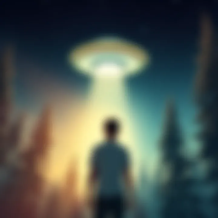Chris Bledsoe's UFO Experience Illustration of a man gazing at a bright UFO in the night sky, surrounded by trees