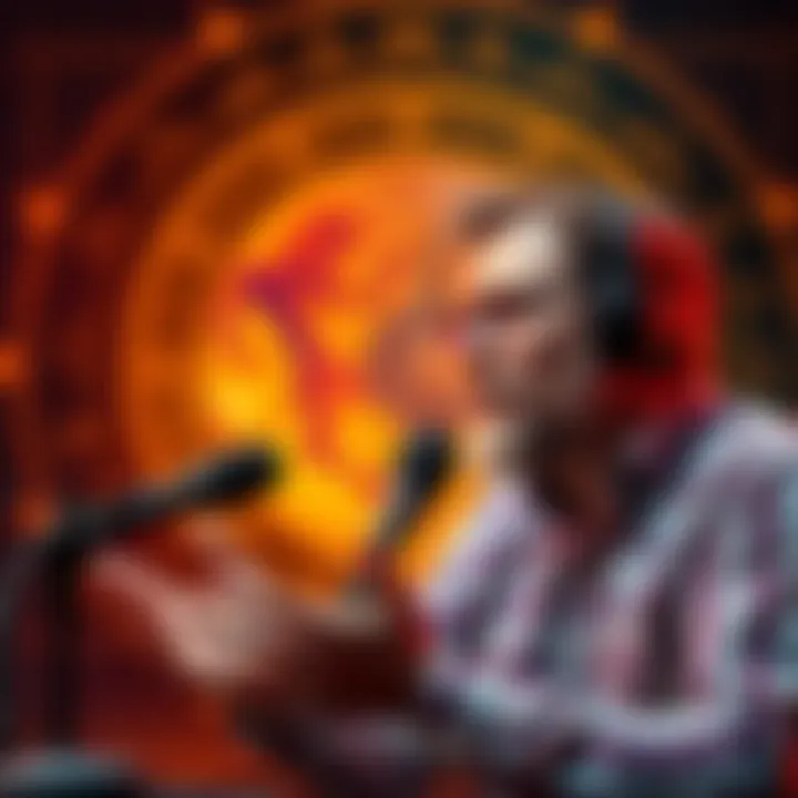 Chris Brennan speaking about Mars retrograde in Leo on his podcast, with astrological symbols in the background.
