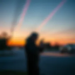 Chris Bledsoe standing outside, holding a camera, capturing unusual lights in the sky at dusk