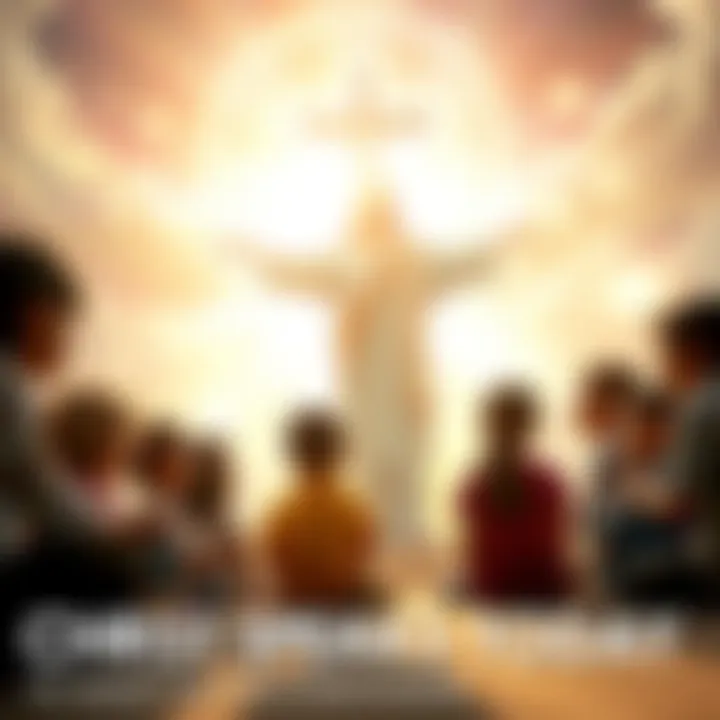 A diverse group of parents and children gather, discussing education reforms for spiritual growth, with a hopeful and bright background symbolizing a better future.