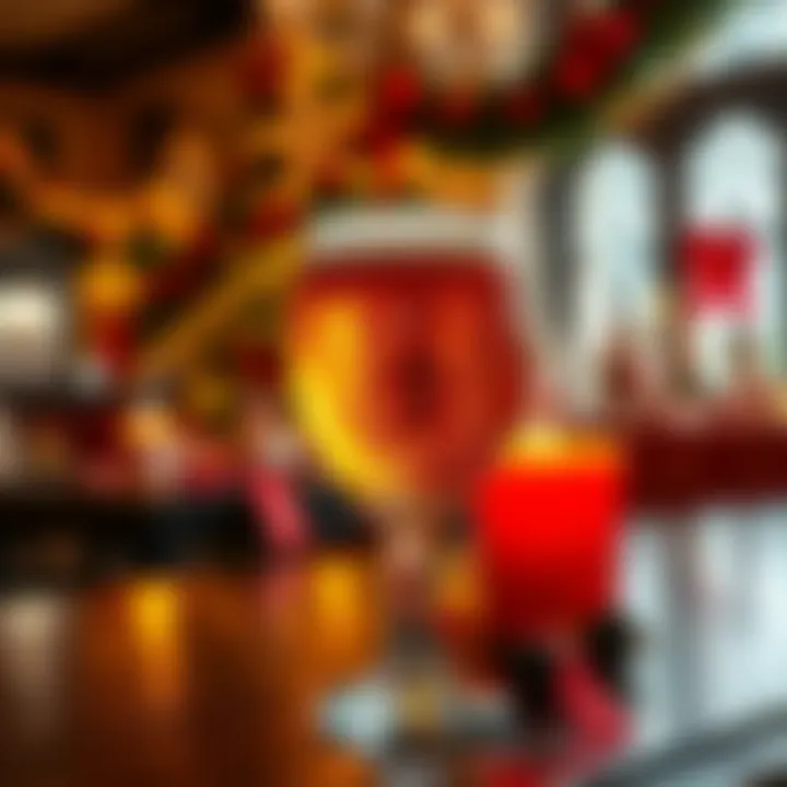 A close-up of a glass of Christ Child beer with holiday decorations in the background