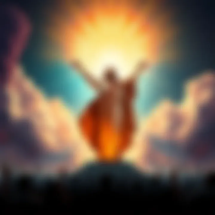 A radiant figure of Christ, surrounded by light, symbolizing His reign on Earth with people worshiping in the foreground.