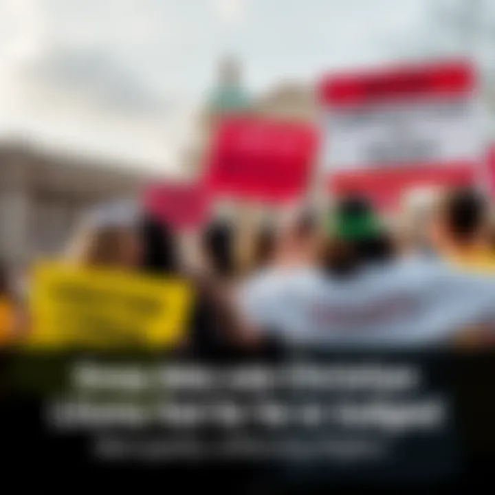 A diverse group of people holding signs advocating for or against a Christian litmus test for judges, with a courthouse in the background