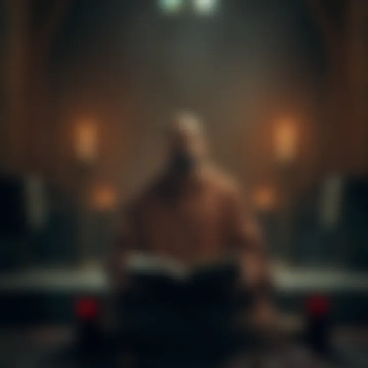 A serene figure in a monk's robe meditating in a candlelit room with open scriptures around them.