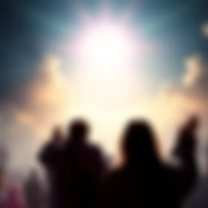 A serene scene depicting a bright light with silhouettes of people looking upwards, symbolizing hope and diverse beliefs about the afterlife