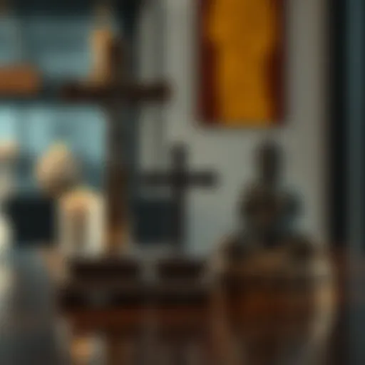 A cross and a Buddha statue placed side by side on a table, representing the blend of Christianity and Buddhism.