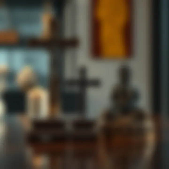 Christian and Buddhist symbols together A cross and a Buddha statue placed side by side on a table, representing the blend of Christianity and Buddhism.