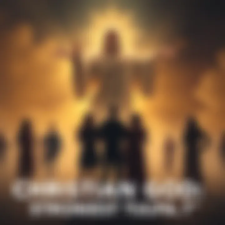 A representation of a glowing figure symbolizing the Christian God, surrounded by silhouettes of diverse people in prayer and contemplation, highlighting shared beliefs.
