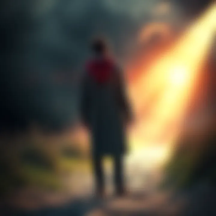 Christian Seeking Redemption A troubled Christian stands on a path, looking up towards the light, symbolizing hope and redemption from dark magic.