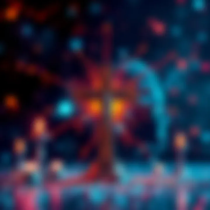 A visual representation blending Christian symbols like a cross with elements of artificial intelligence, illustrating the intersection of faith and technology.