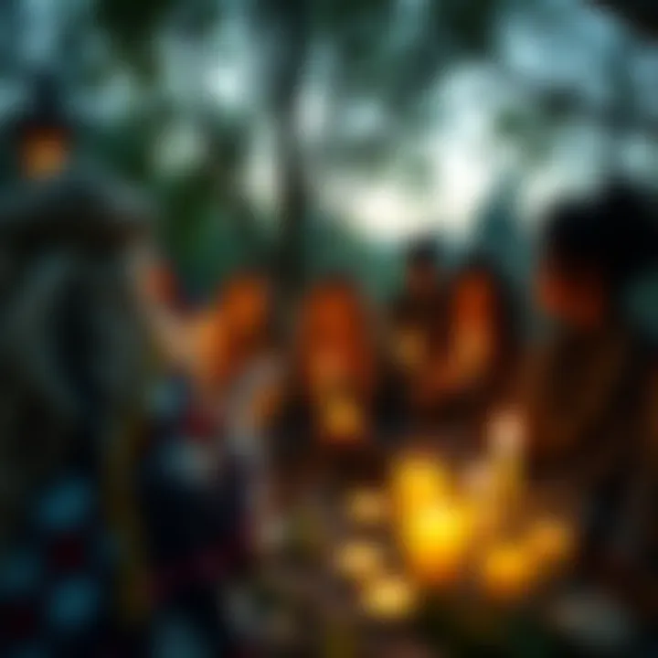 A group of people practicing Christian witchcraft outdoors, surrounded by natural elements such as plants and candles, showcasing their spiritual connection with nature.