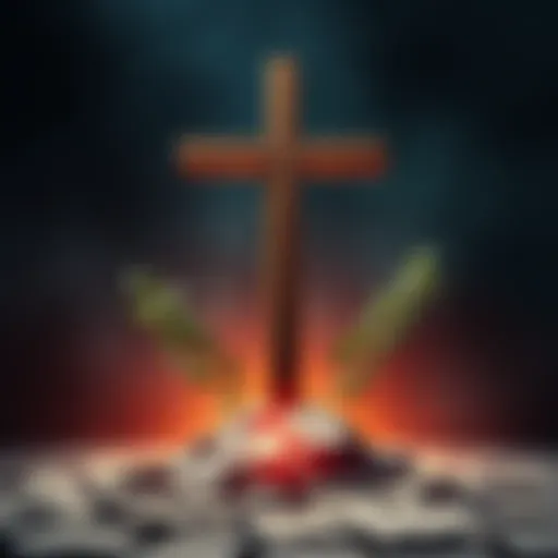 A depiction of the early symbols of Christianity, featuring a cross and olive branches, representing peace and power.