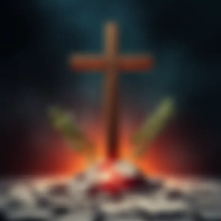 A depiction of the early symbols of Christianity, featuring a cross and olive branches, representing peace and power.