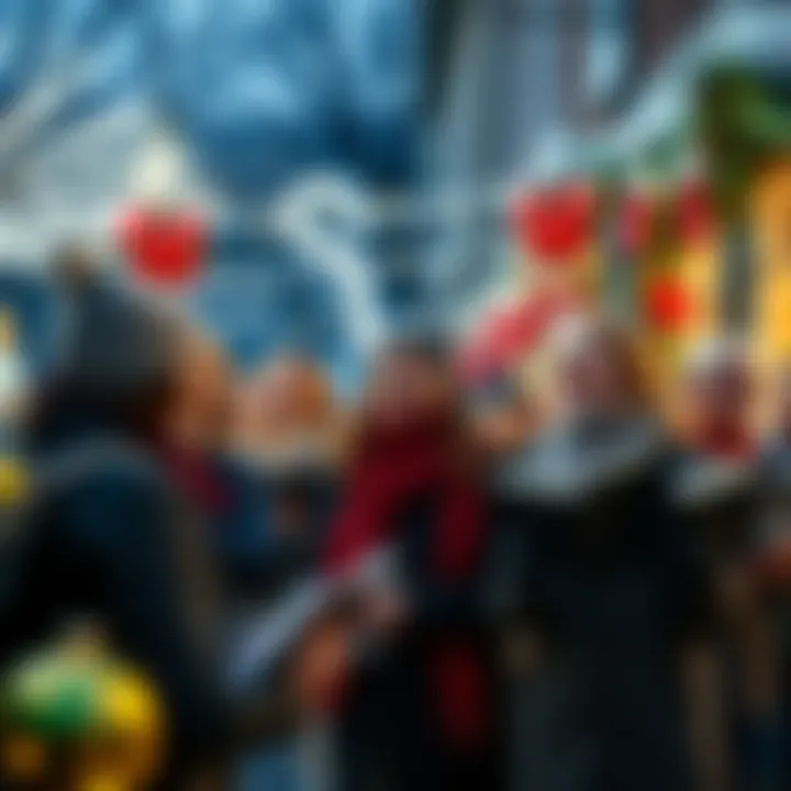 A group of people joyfully singing Christmas carols outside with festive decorations around them.