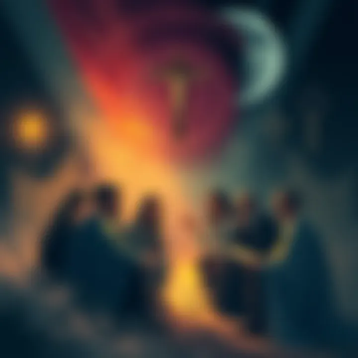 Illustration showing a group of people gathered in a circle, discussing spiritual themes with symbols of Christology and initiatic orders in the background.