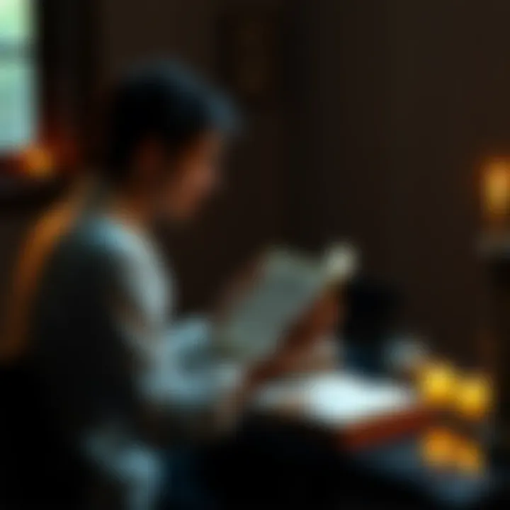 A person sitting at a table, reading a book titled 'Getting Started with Christopaganism' with candles and a small altar nearby