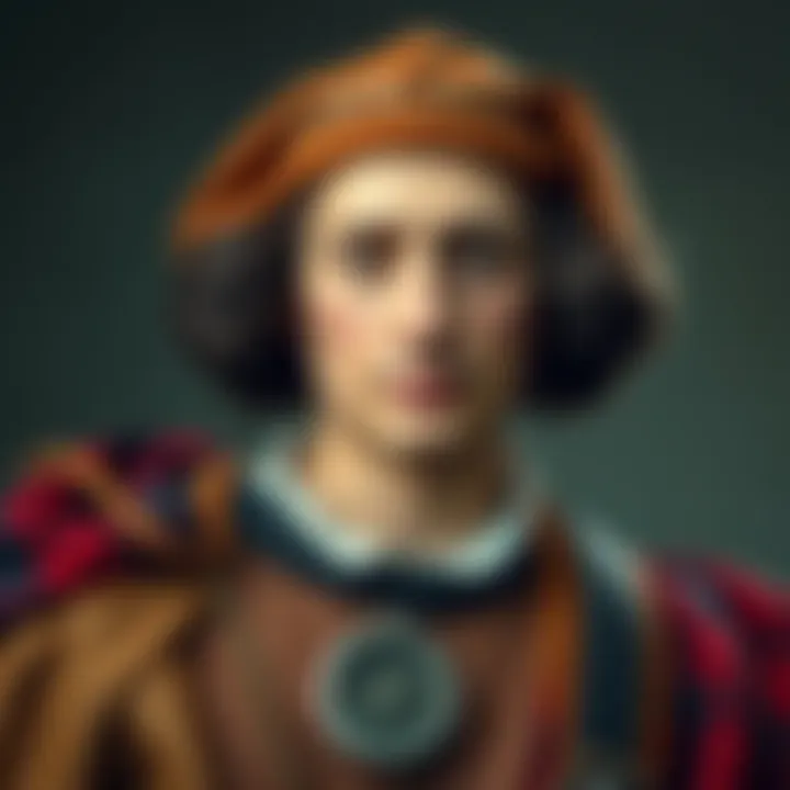 Historical portrait of Christopher Columbus, a 15th-century explorer, dressed in period clothing with a compass