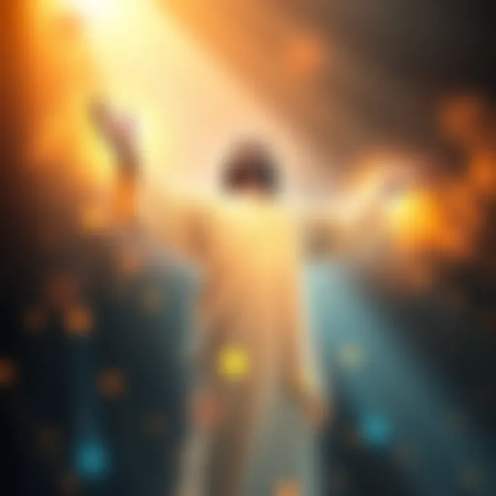 A serene figure symbolizing Christ's return through consciousness, surrounded by light and spiritual symbols, inviting connection and reflection.