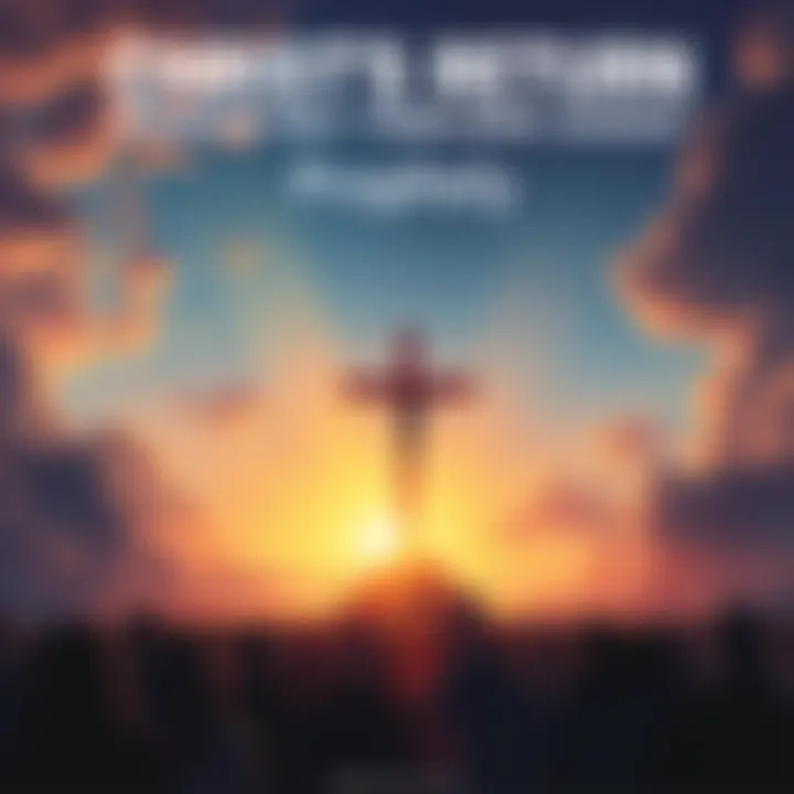 An illustration of a sunrise at a church with a cross, symbolizing hope and the return of Jesus, surrounded by people looking up at the sky.