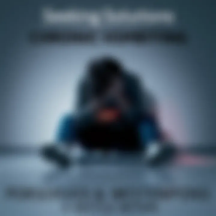 A person sitting on the floor, looking worried, with a hand on their stomach and a faint shadow behind them, representing their struggle with chronic vomiting and possible possession.