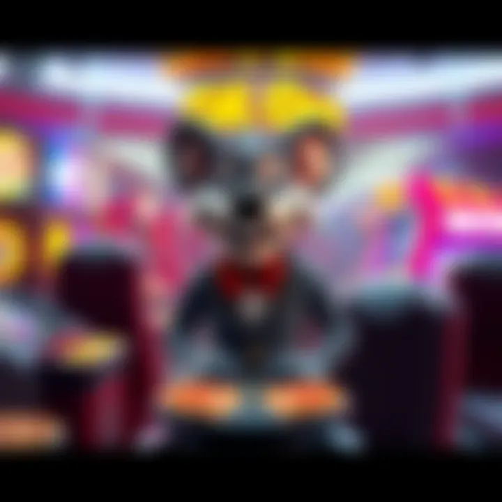 An artistic depiction of Chuck E. Cheese amidst nostalgic games and pizza, showcasing its evolution over the years.