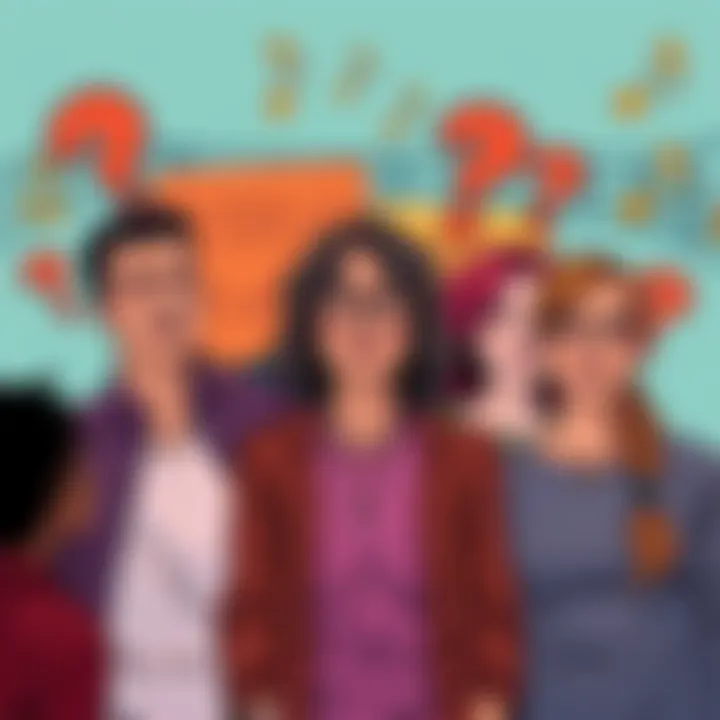 An illustration showing a group of people discussing Chumbawamba lyrics and the term Debbie Downer, with musical notes and question marks around them.