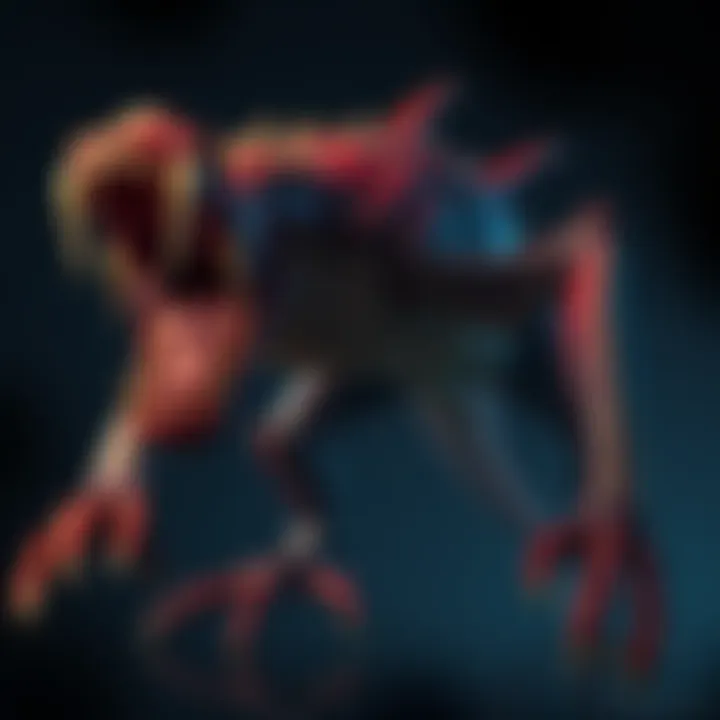 An artistic representation showing a Chupacabra resembling a gorgonopsid, highlighting sharp teeth and powerful limbs in a dark setting