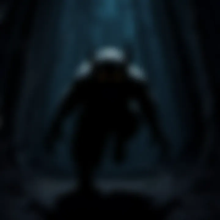 A shadowy figure resembling the legendary chupacabra in a wooded area at night, with glowing eyes and sharp features