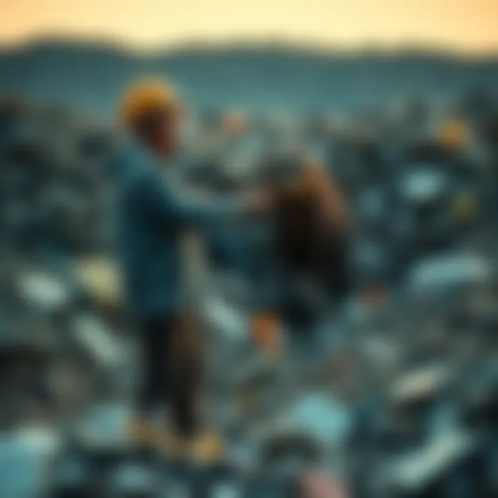 Chupacabra Sighting at Landfill A worker pointing towards an unusual creature resembling a chupacabra in a landfill setting, surrounded by trash and debris.