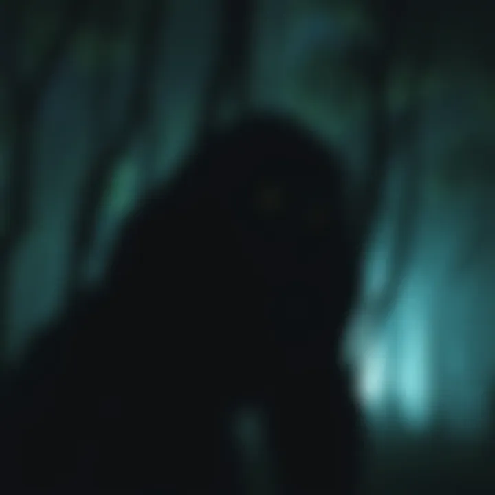 A shadowy figure resembling the Chupacabra stands in a dark forest, with glowing eyes and sharp teeth, capturing the essence of the creature's legend.