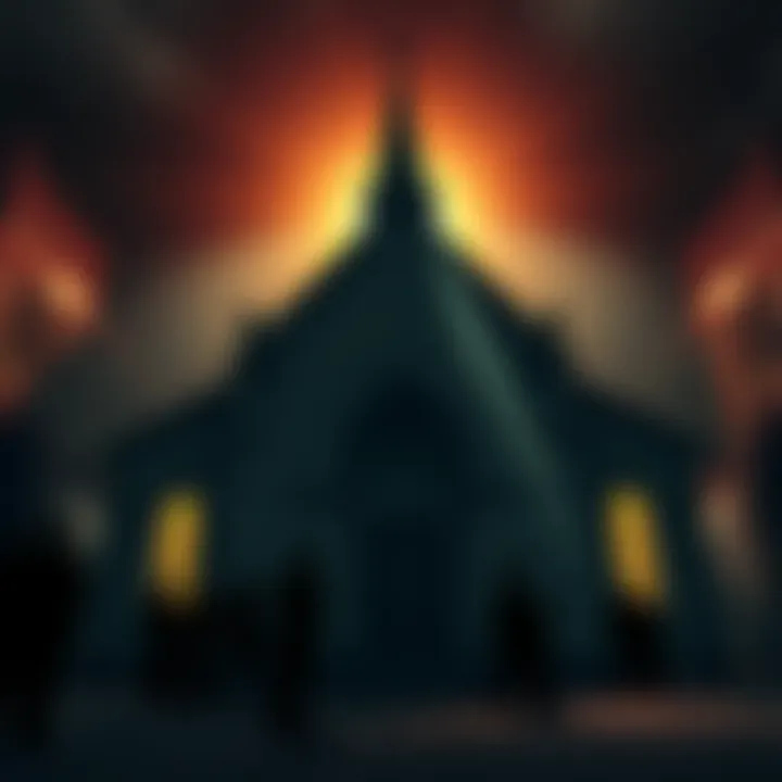 A church exterior with shadows of people congregating, hinting at secretive activities inside.